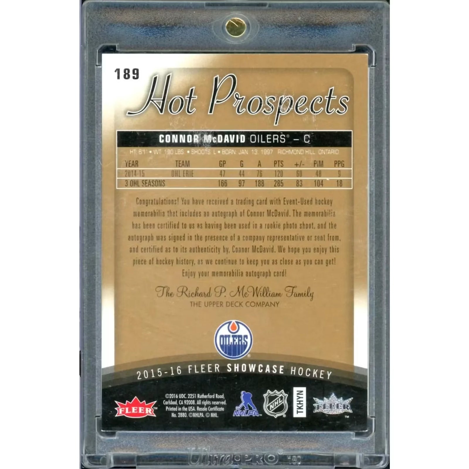 Connor McDavid 2015-16 Fleer Showcase Hot Prospects Rookie Auto Patch |/299