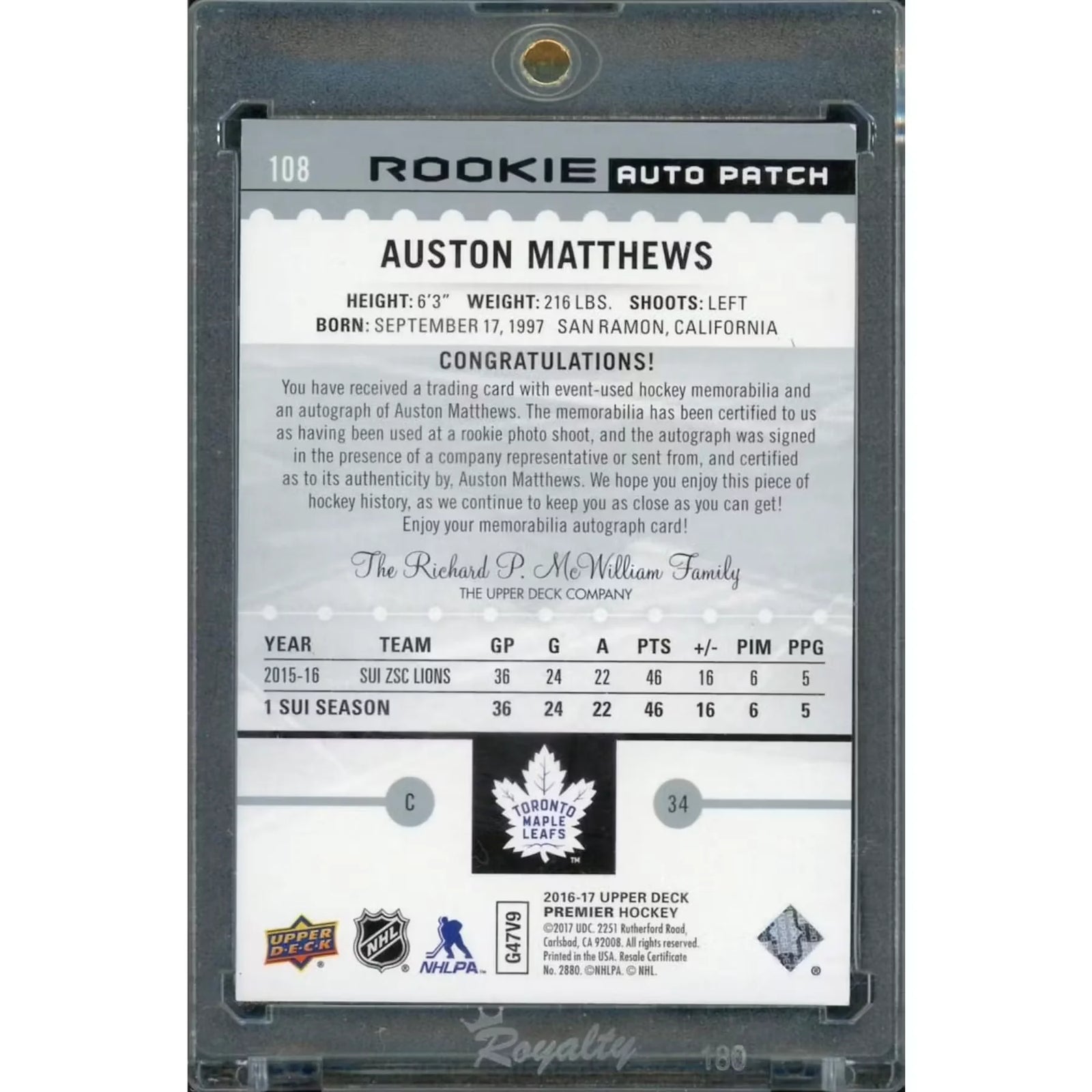 Auston Matthews 2016-17 Upper Deck Premier Rookie Auto Patch Card |/199