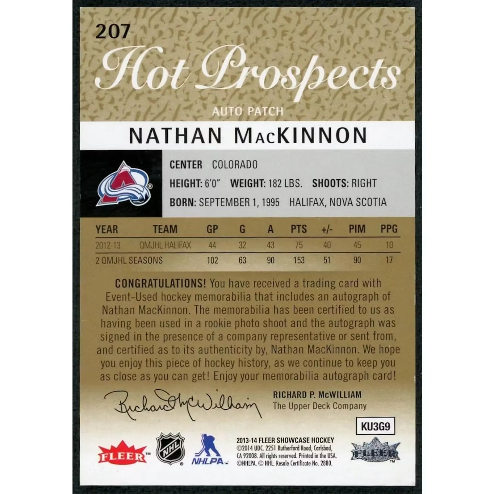 Nathan MacKinnon 2013-14 Fleer Showcase Hot Prospects Rookie Auto Patch |/175