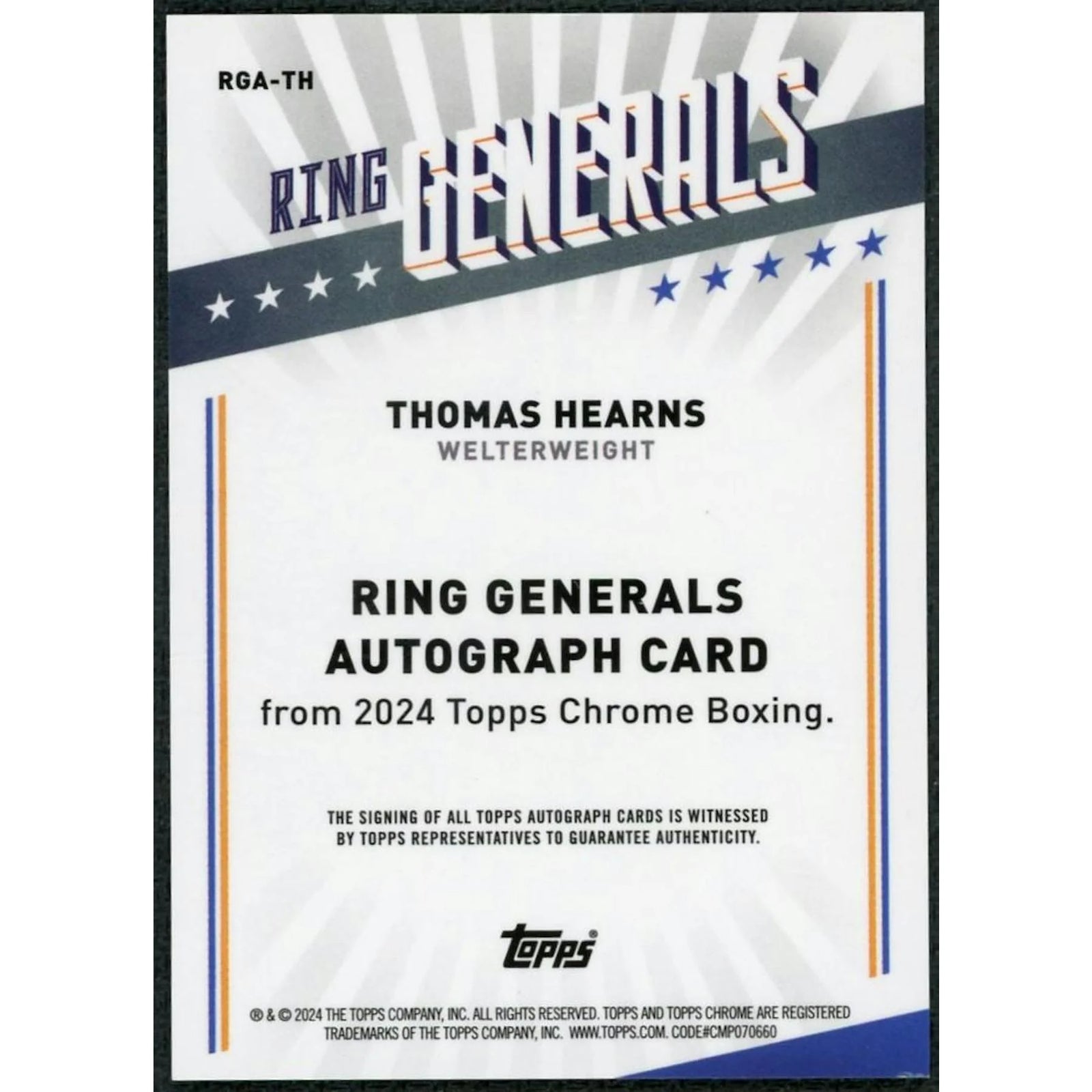 Thomas Hearns Signed 2024 Topps Chrome Card | Ring Generals Orange Refractor Auto/25