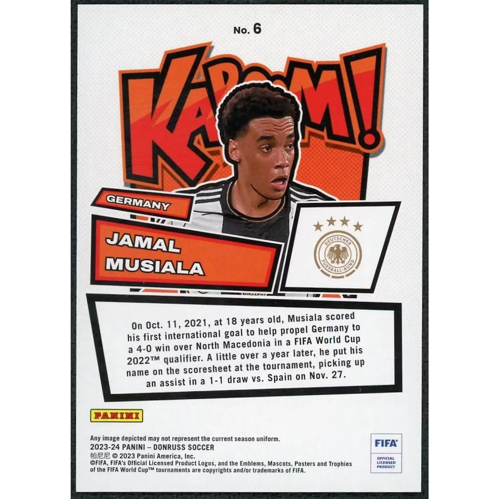 Jamal Musiala Signed 2023 Panini Donruss FIFA Kaboom Card #6