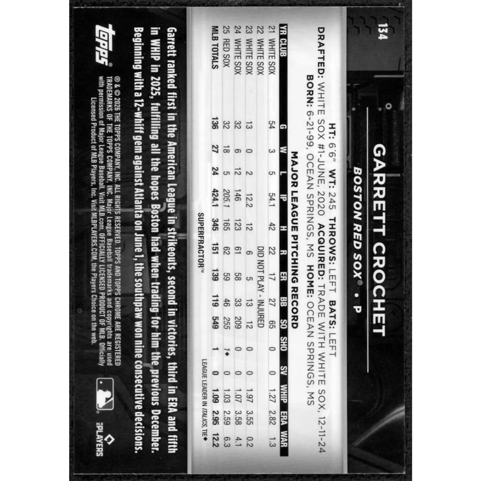 Garrett Crochet 2026 Topps Chrome Black Superfractor 1/1 #134