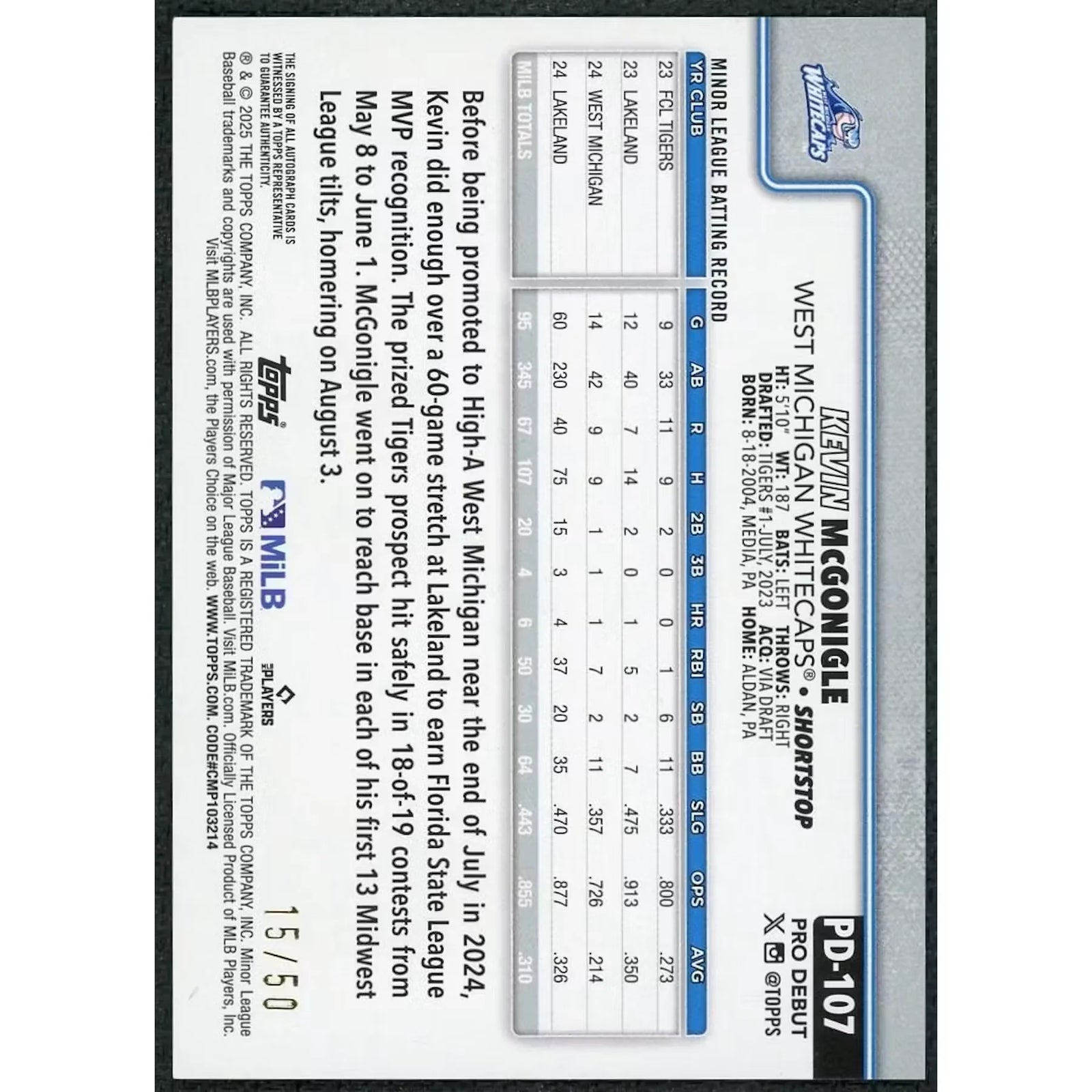 Kevin McGonigle Signed 2025 Topps Pro Debut Card | Gold Auto/50