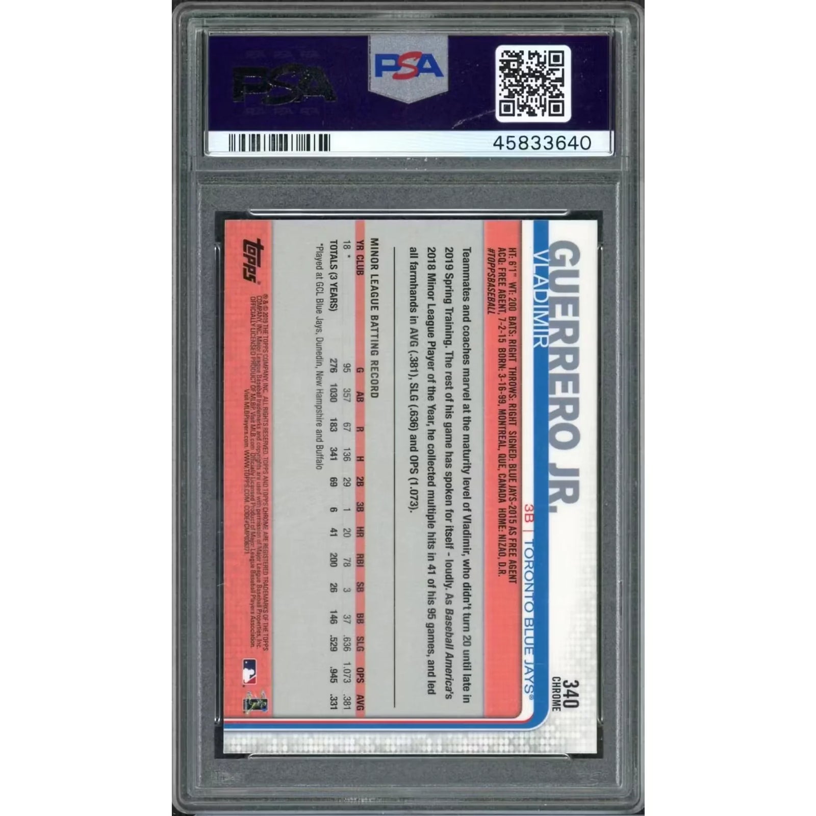 Vladimir Guerrero Jr 2019 Topps Chrome Sapphire Rookie #340 | PSA 10