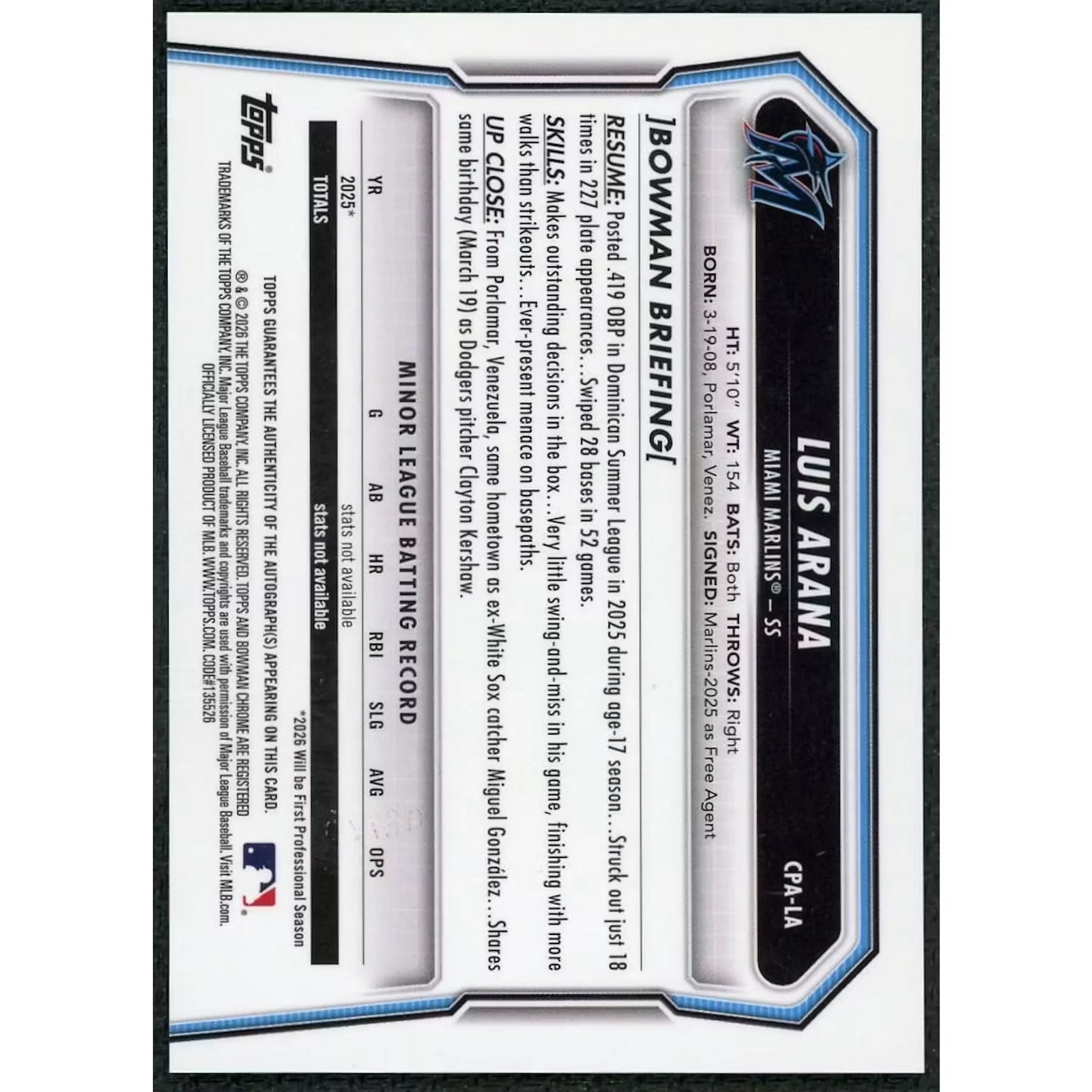 Luis Arana 2026 Bowman Chrome 1st Bowman Orange X-Fractor Auto/25
