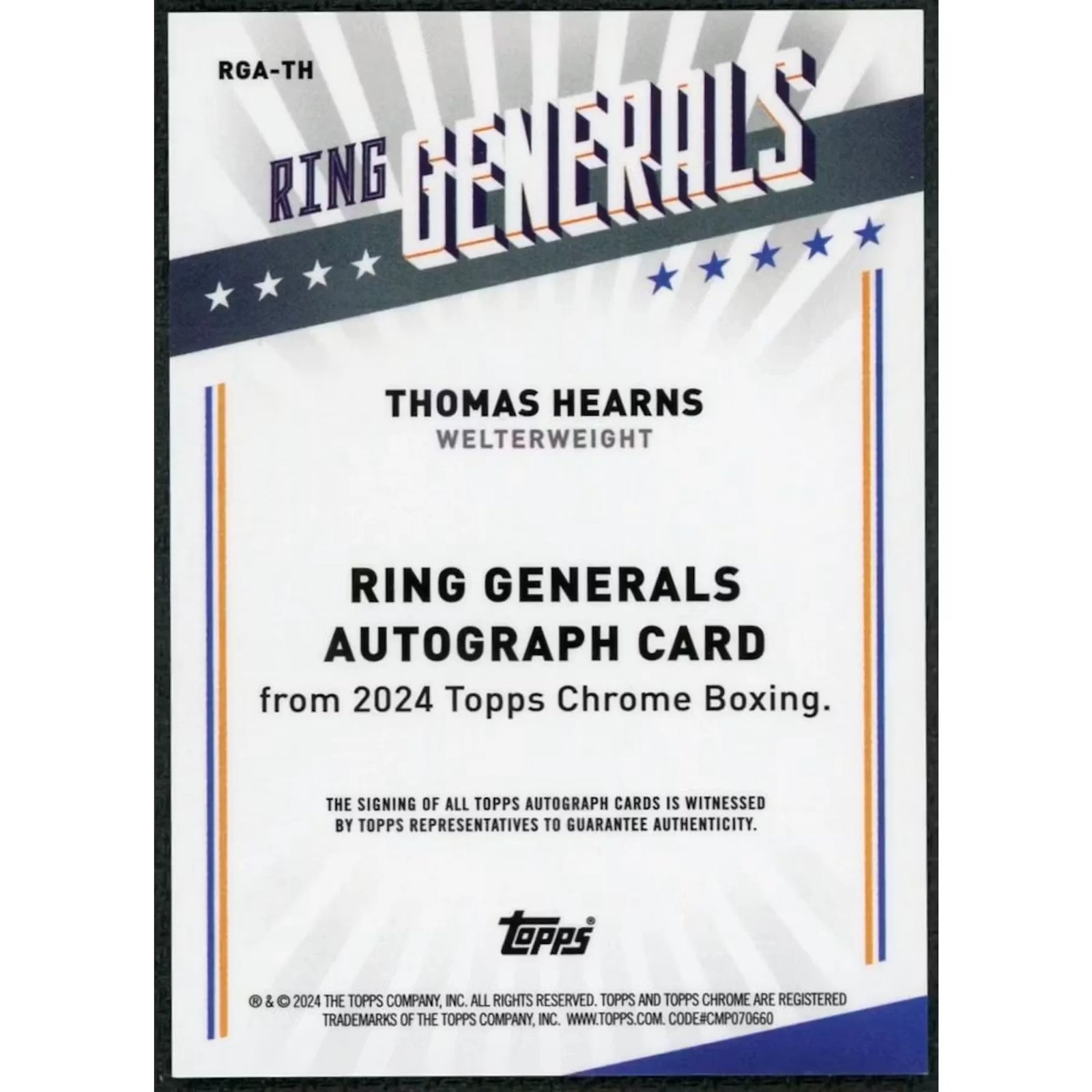 Thomas Hearns Signed 2024 Topps Chrome Ring Generals Refractor Auto |/75