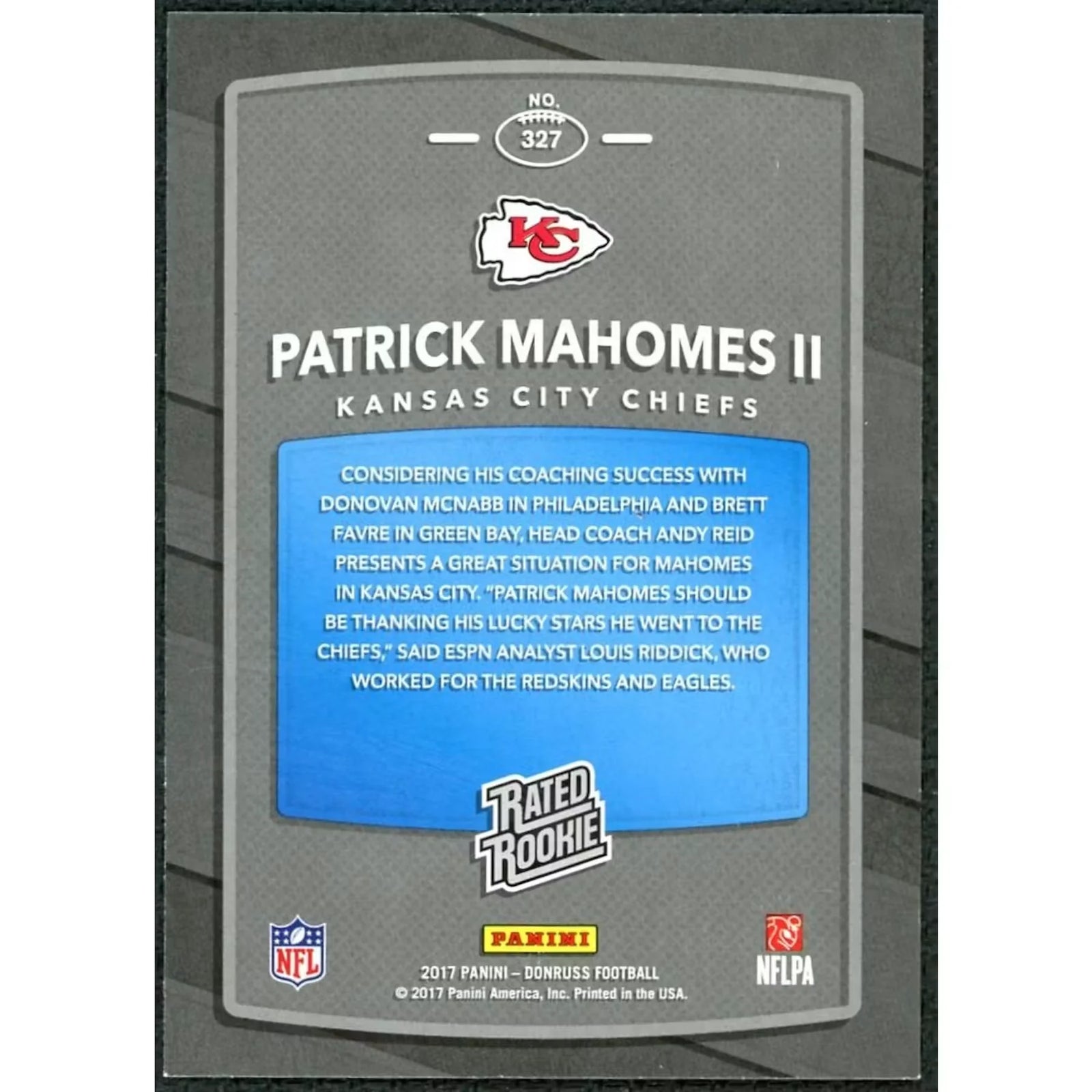 Patrick Mahomes 2017 Panini Donruss Rated Rookie #327