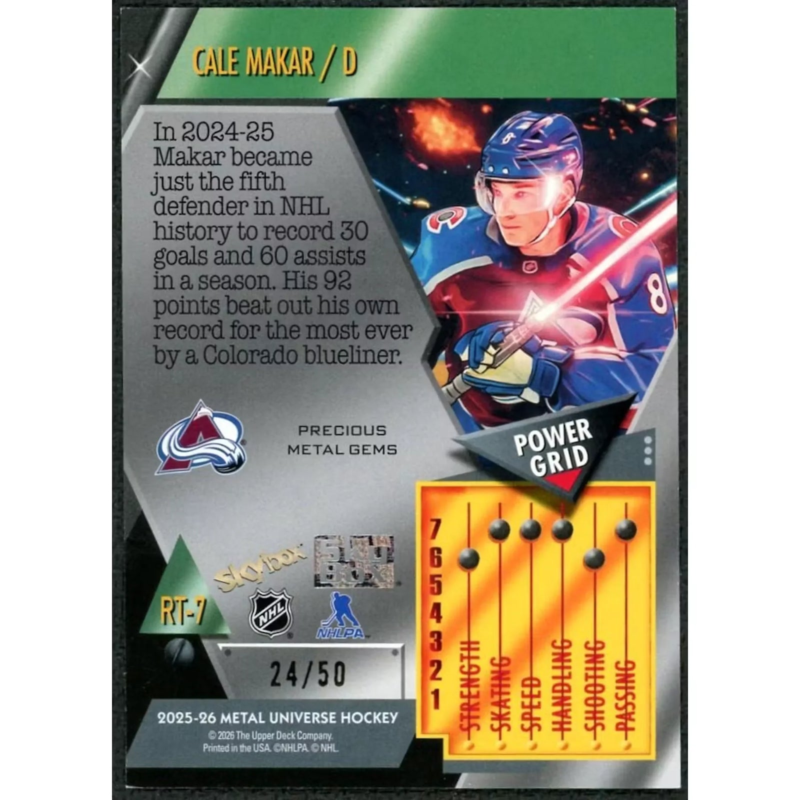 Cale Makar 2025-26 SkyBox Metal Universe Precious Metal Gems | Blue/50