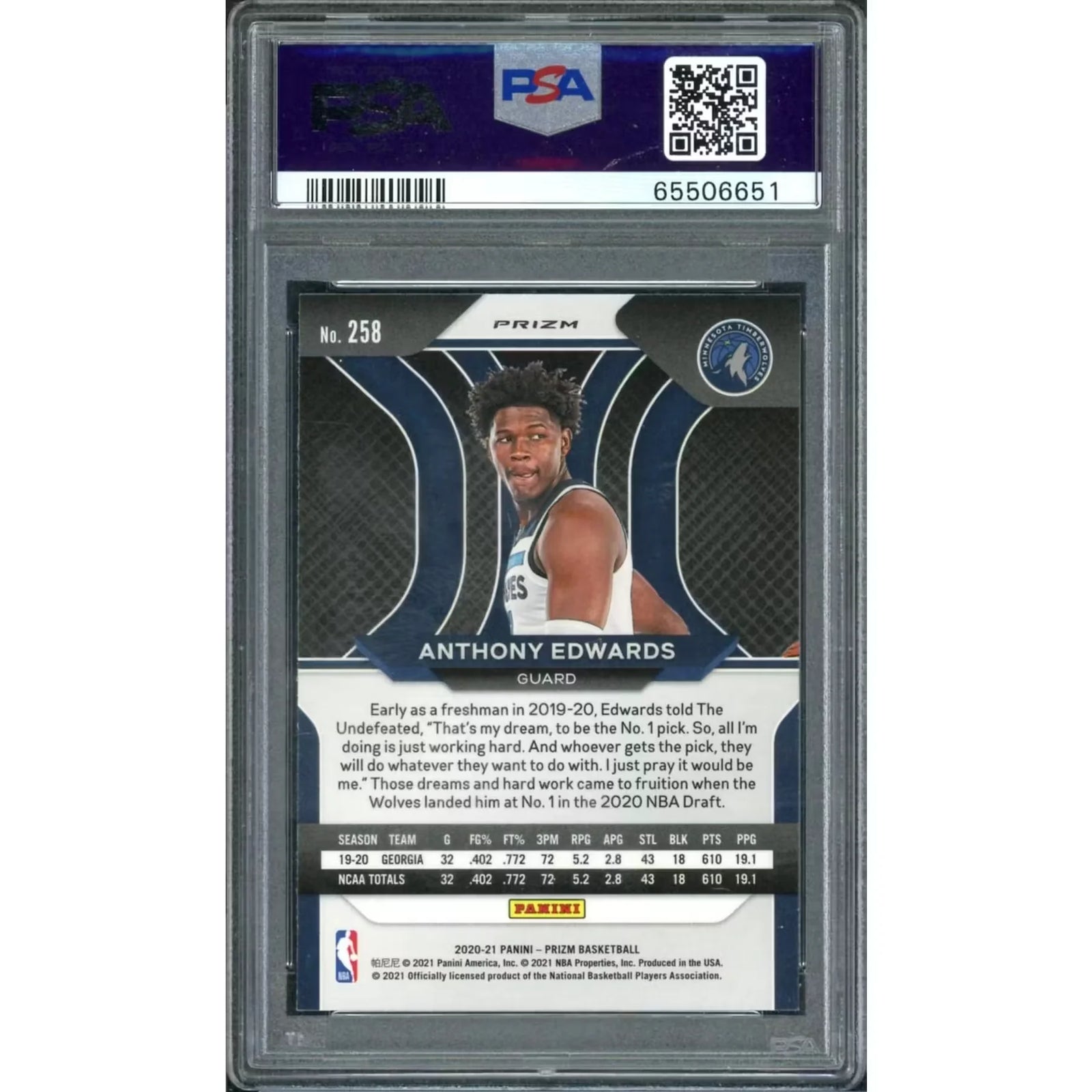 Anthony Edwards 2020 Panini Prizm Rookie Silver Prizm #258 | PSA 9