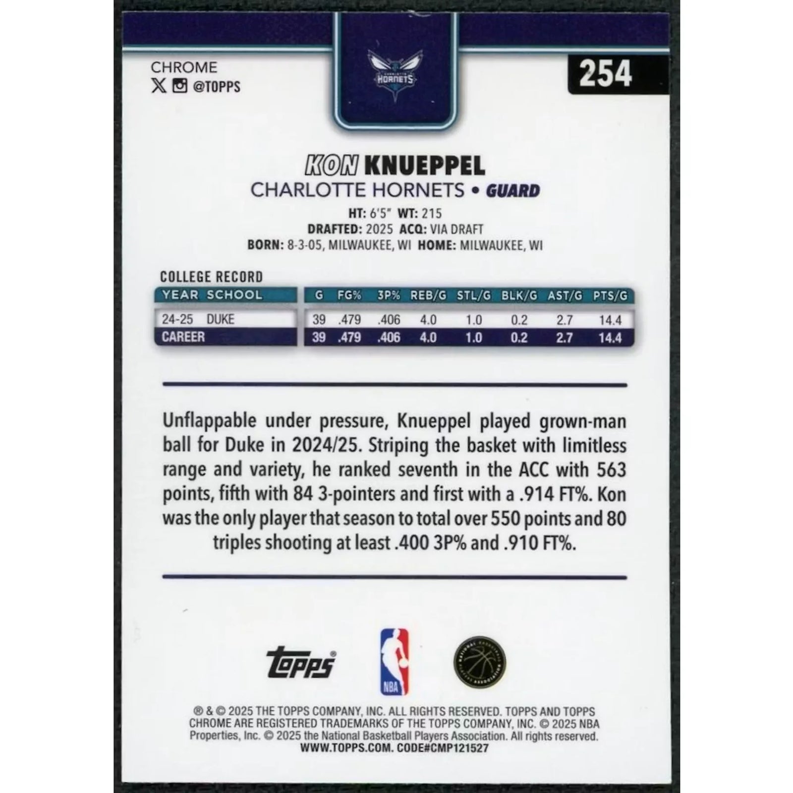Kon Knueppel 2025-26 Topps Chrome Rookie Yellow Raywave Refractor |/275