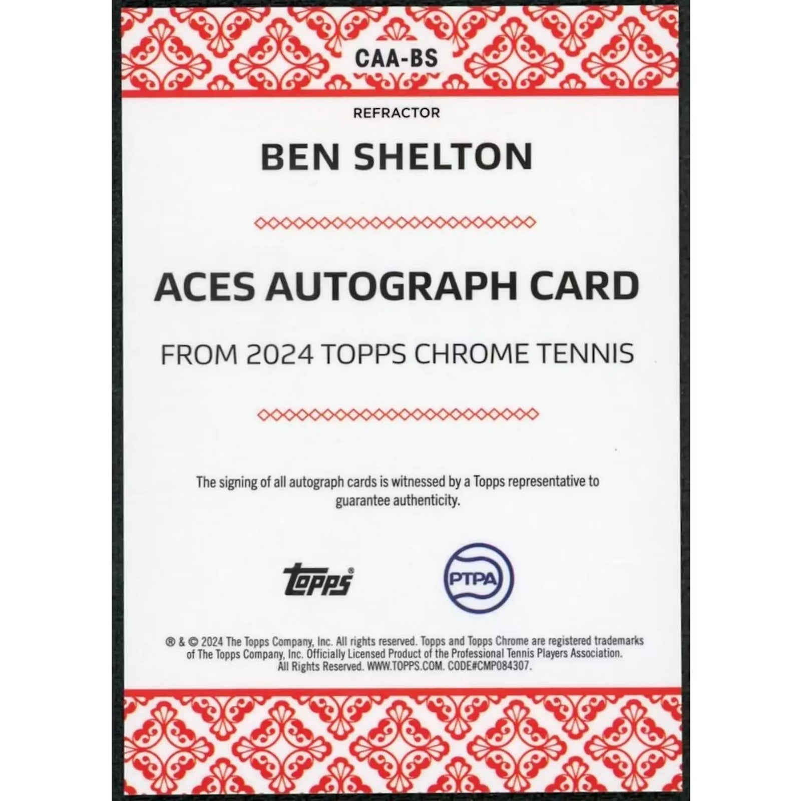 Ben Shelton Signed 2024 Topps Chrome Aces Refractor Auto |/99