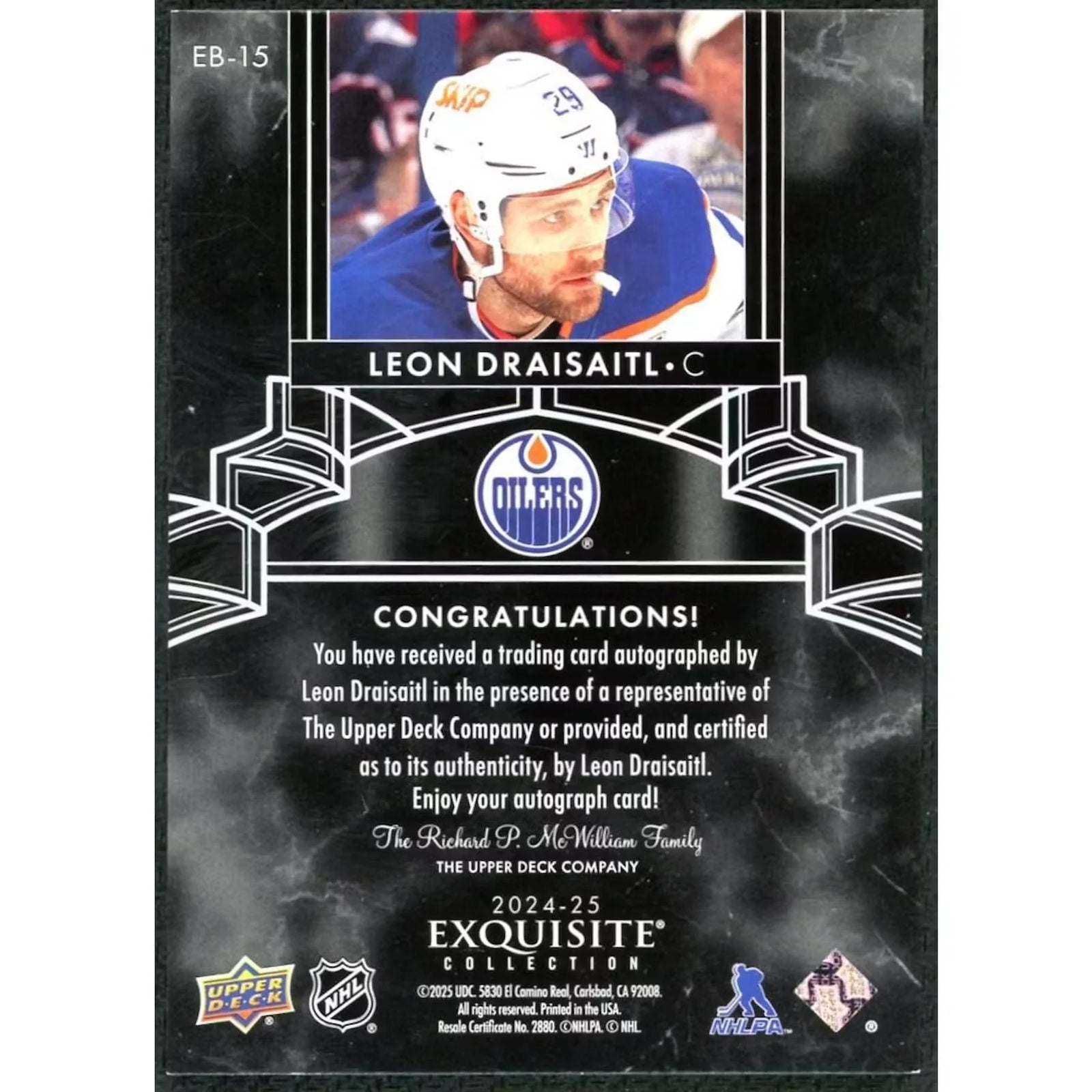 Leon Draisaitl Signed 2025-26 Upper Deck Exquisite Card | Gold Ink Auto/25