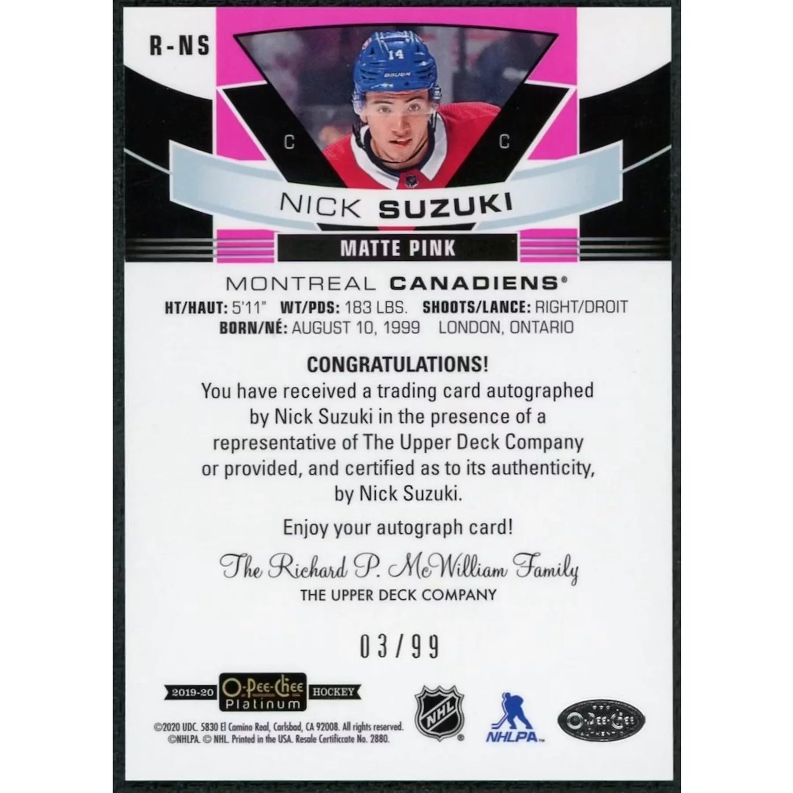 Nick Suzuki 2019-20 O-Pee-Chee Platinum Matte Pink Rookie Auto/99