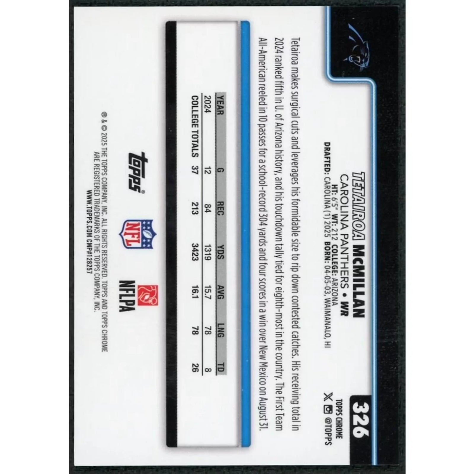 Tetairoa McMillan 2025 Topps Chrome Rookie Gold Pigskin/50