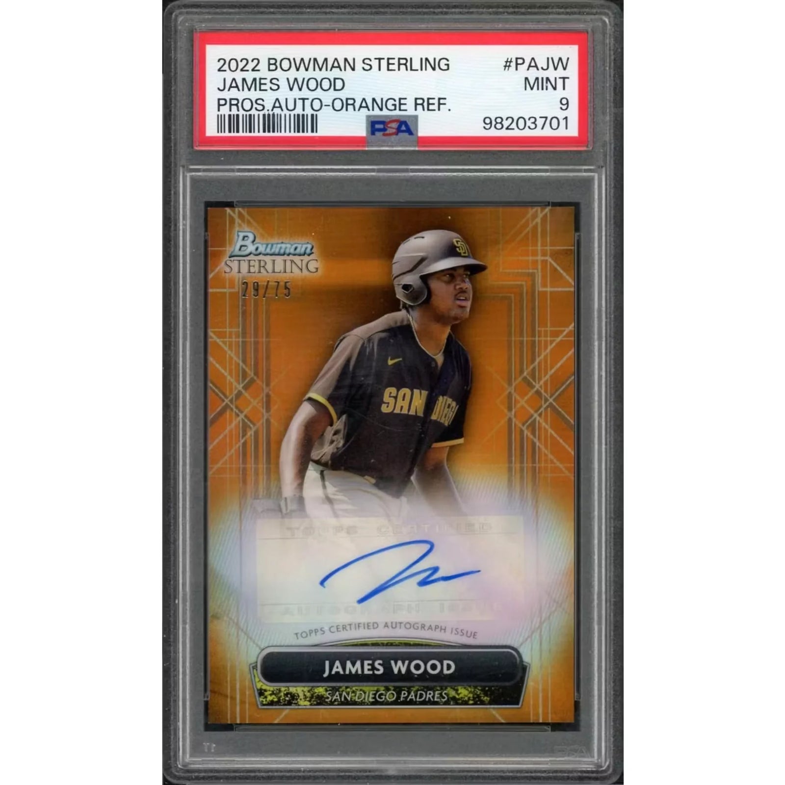 James Wood Signed 2022 Bowman Sterling Card | Orange Refractor PSA 9