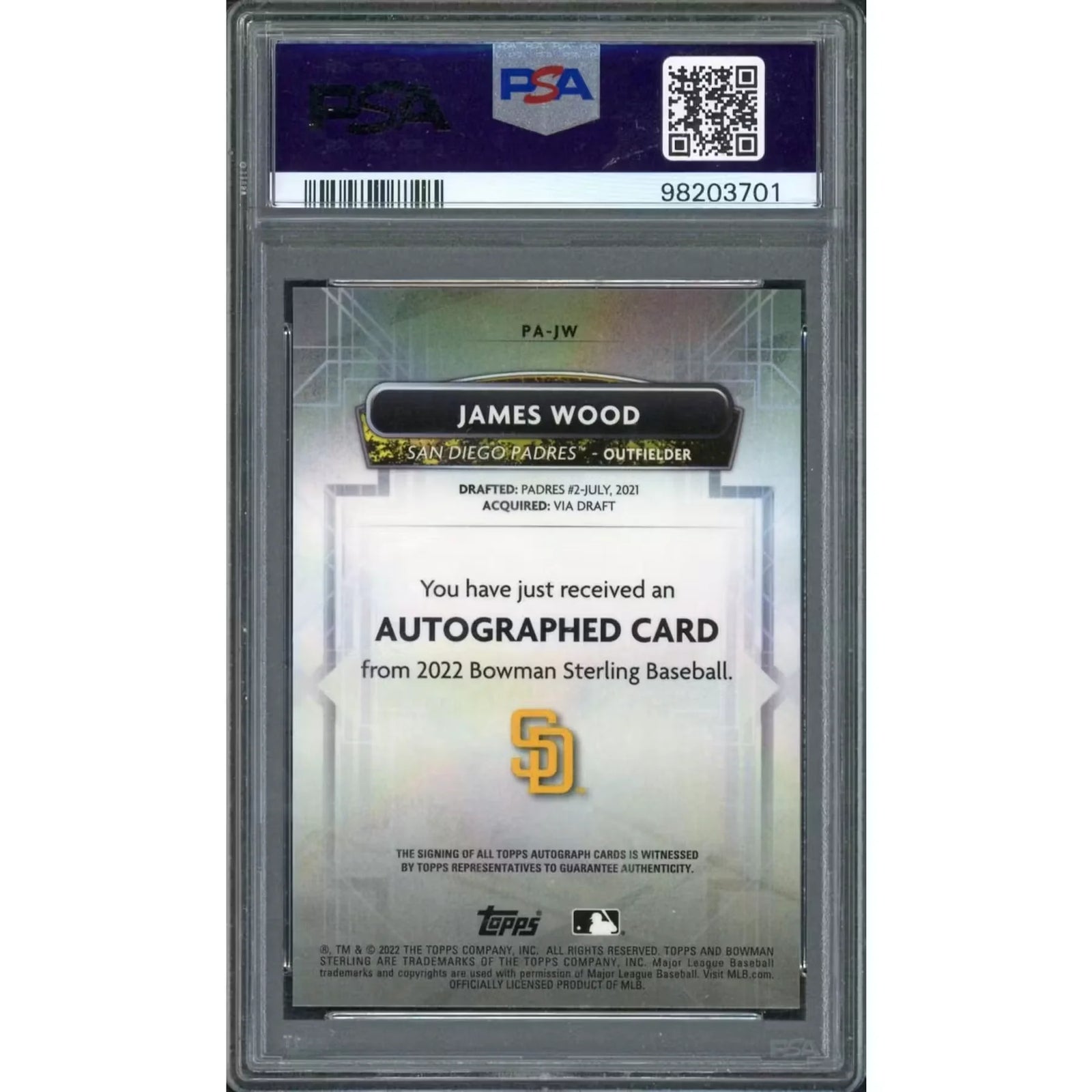 James Wood Signed 2022 Bowman Sterling Card | Orange Refractor PSA 9