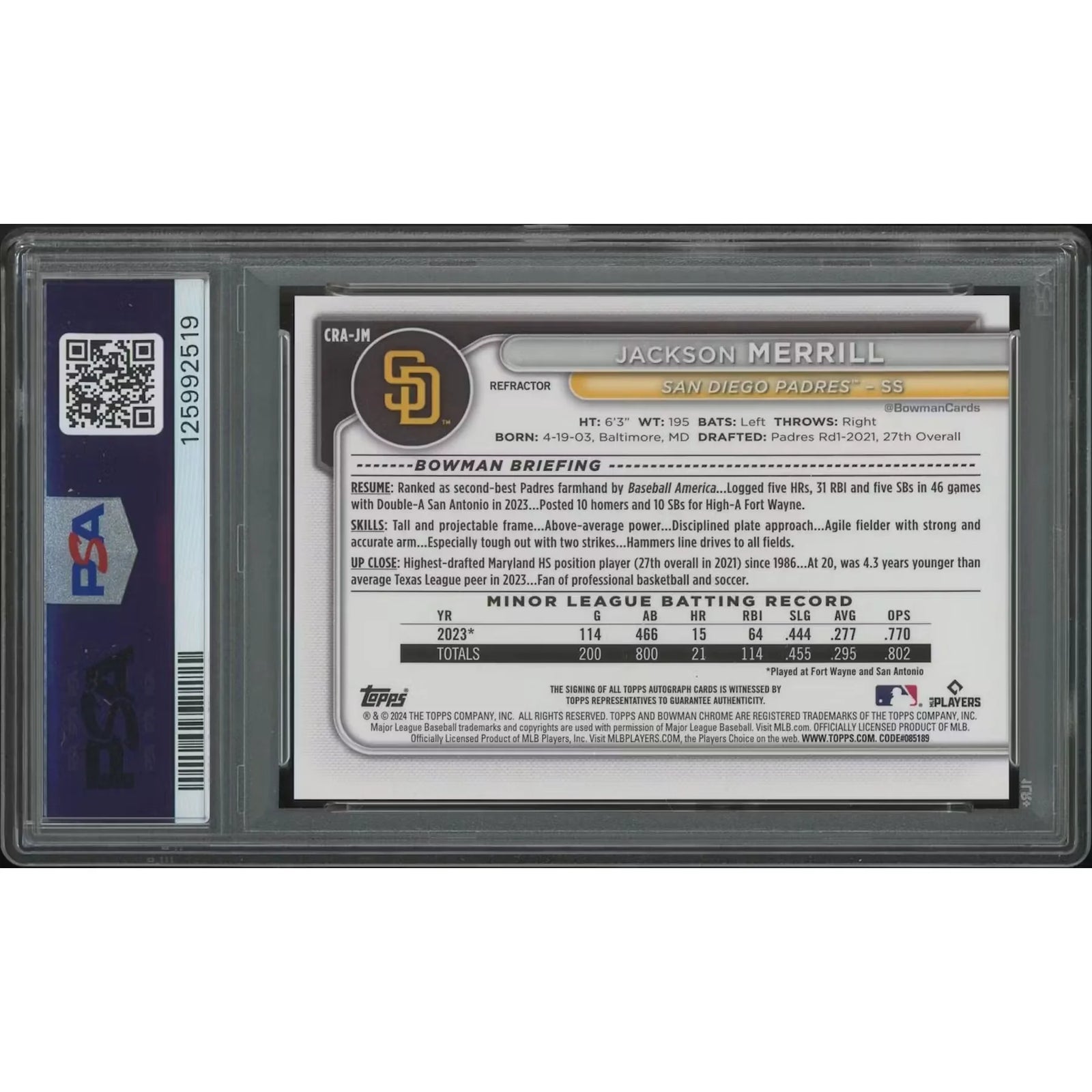 Jackson Merrill Signed 2024 Bowman Chrome Rookie Auto #413 Card | PSA 9 Mint