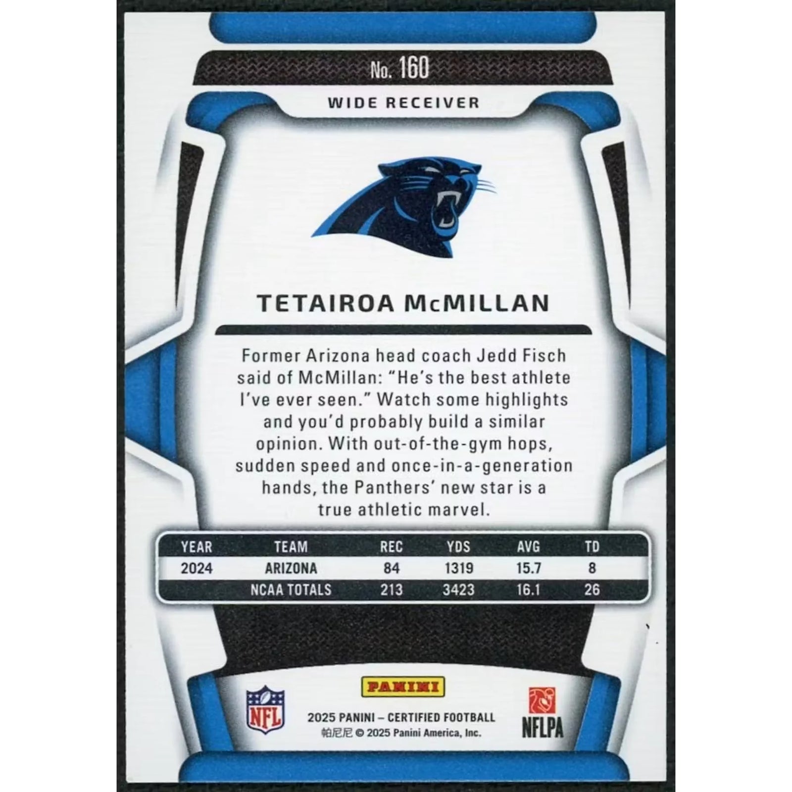 Tetairoa McMillan 2025 Panini Certified Rookie Card | Gold/10 #160