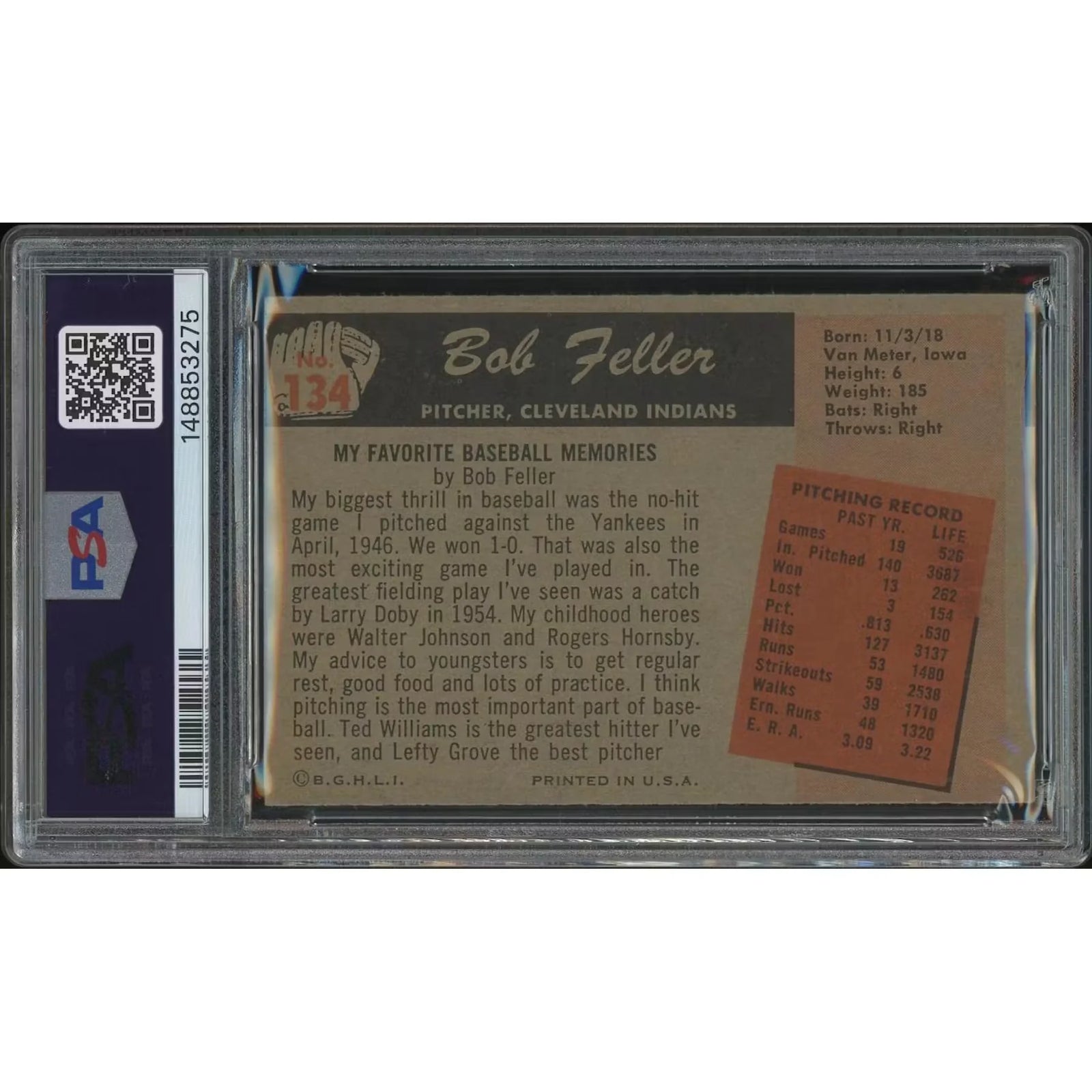 Bob Feller 1955 Bowman Baseball Card #134 | PSA 3 (VG)