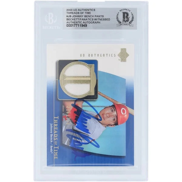 Johnny Bench Signed 2003 Upper Deck Authentics Threads of Time Jersey Relic Card | Beckett