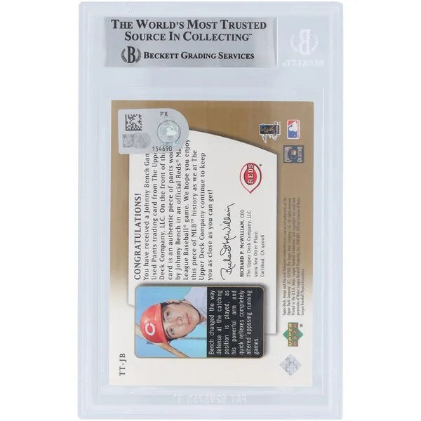 Johnny Bench Signed 2003 Upper Deck Authentics Threads of Time Jersey Relic Card | Beckett