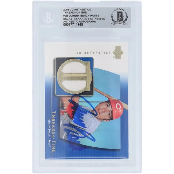 Johnny Bench Signed 2003 Upper Deck Authentics Threads of Time Jersey Relic Card | Beckett