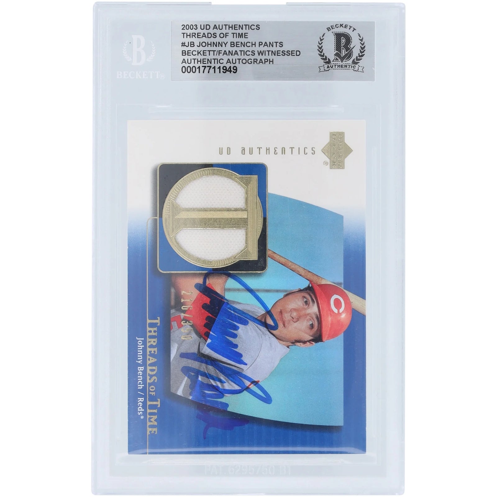 Johnny Bench Signed 2003 Upper Deck Authentics Threads of Time Jersey Relic Card | Beckett