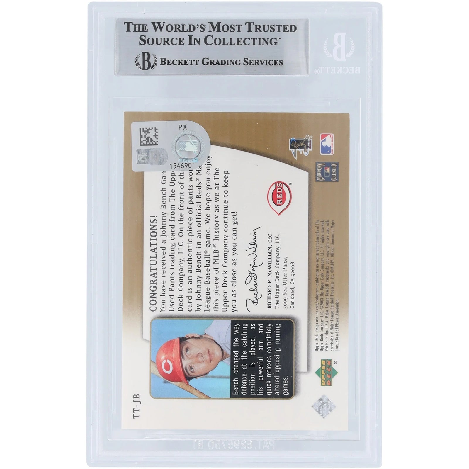 Johnny Bench Signed 2003 Upper Deck Authentics Threads of Time Jersey Relic Card | Beckett