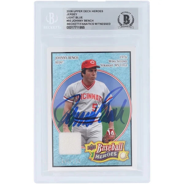 Johnny Bench Signed 2008 Upper Deck Baseball Heroes Card | Jersey Relic #50 /200