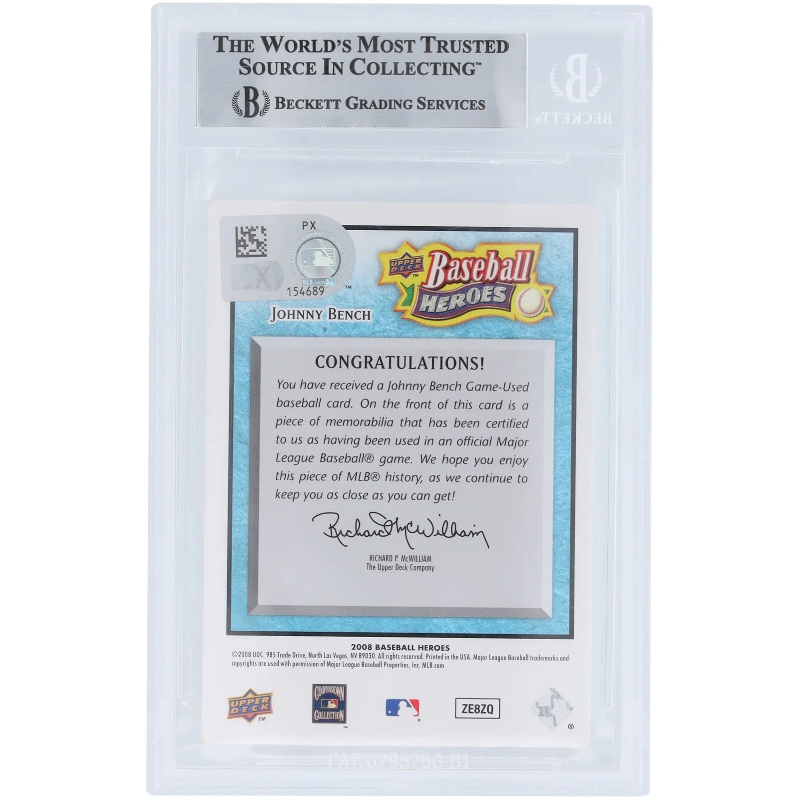 Johnny Bench Signed 2008 Upper Deck Baseball Heroes Card | Jersey Relic #50 /200