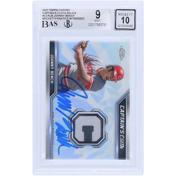 Johnny Bench Signed 2021 Topps Chrome Captain's Cloth Relic Card | Graded 9