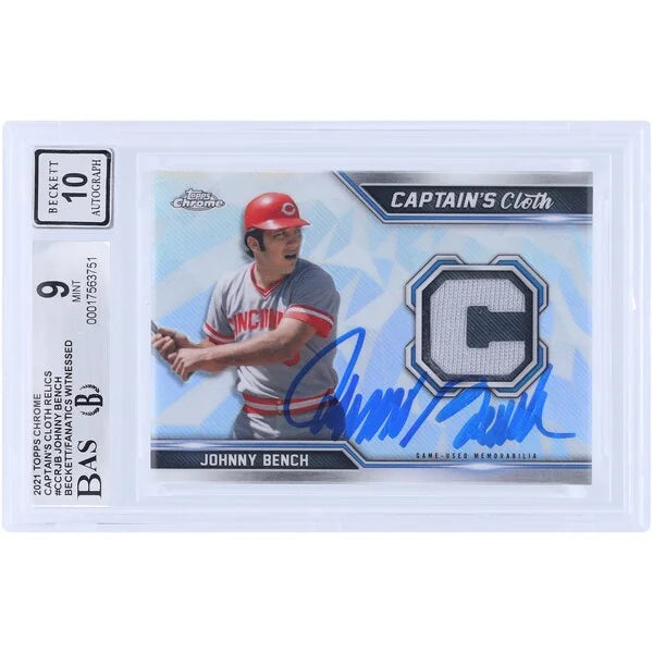 Johnny Bench Signed 2021 Topps Chrome Captain's Cloth Relic Card | Graded 9