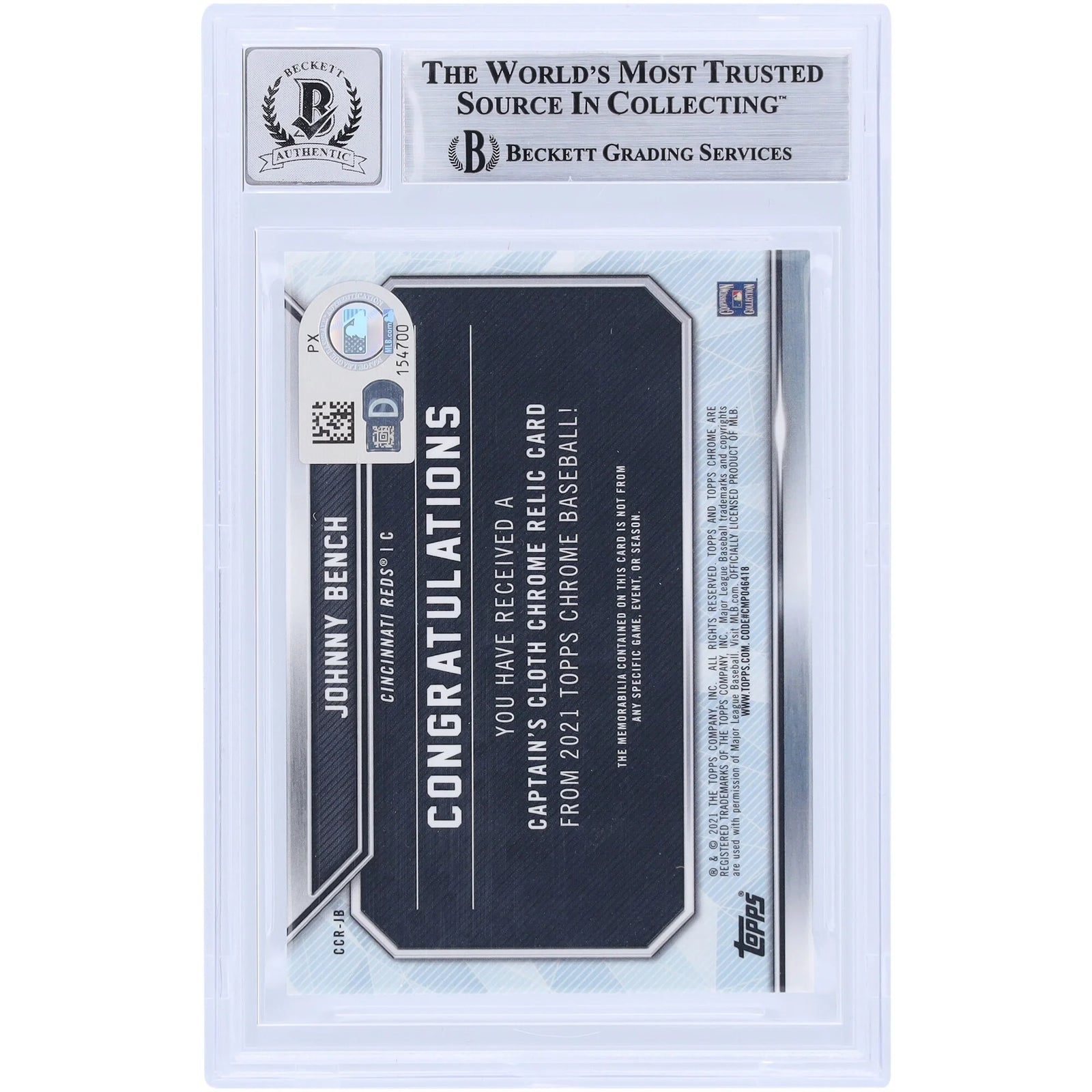Johnny Bench Signed 2021 Topps Chrome Captain's Cloth Relic Card | Graded 9