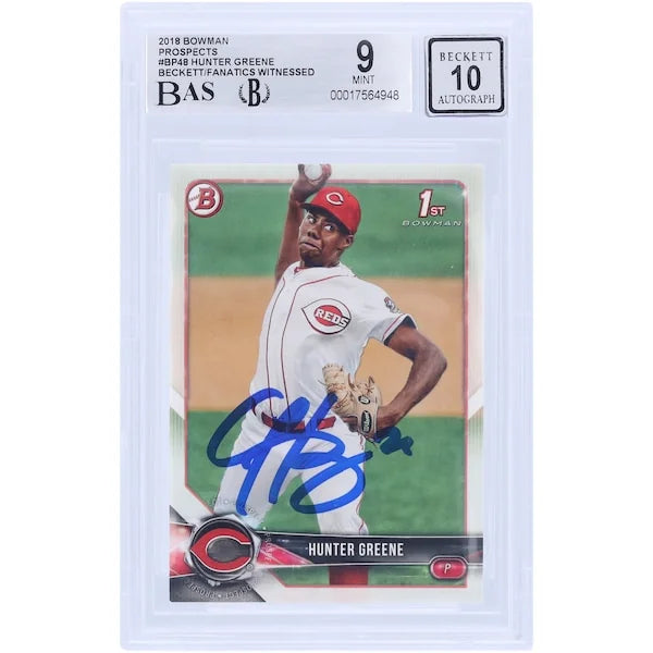 Hunter Greene Signed 2018 Bowman Prospects #BP48 Rookie Card | Beckett 9