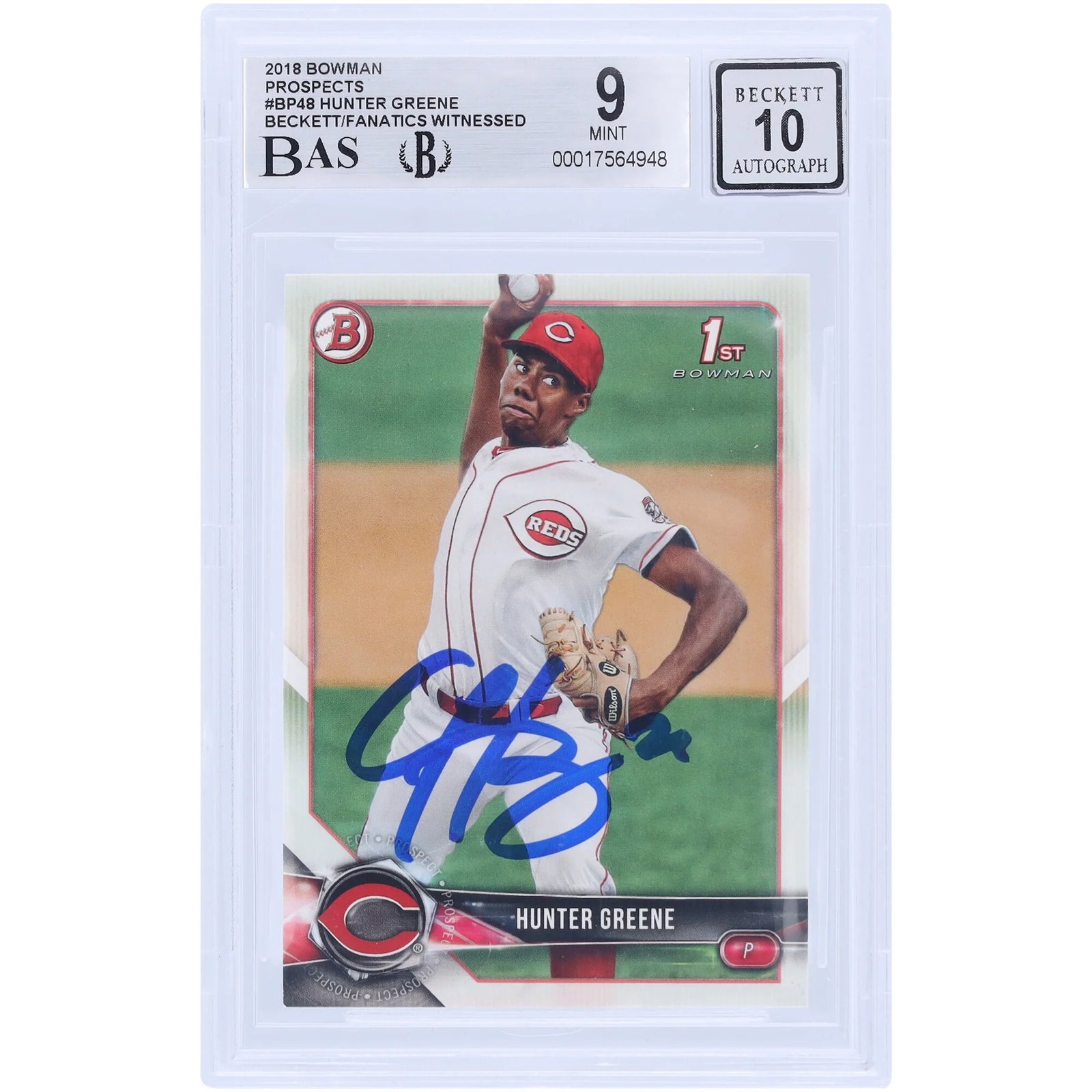 Hunter Greene Signed 2018 Bowman Prospects #BP48 Rookie Card | Beckett 9