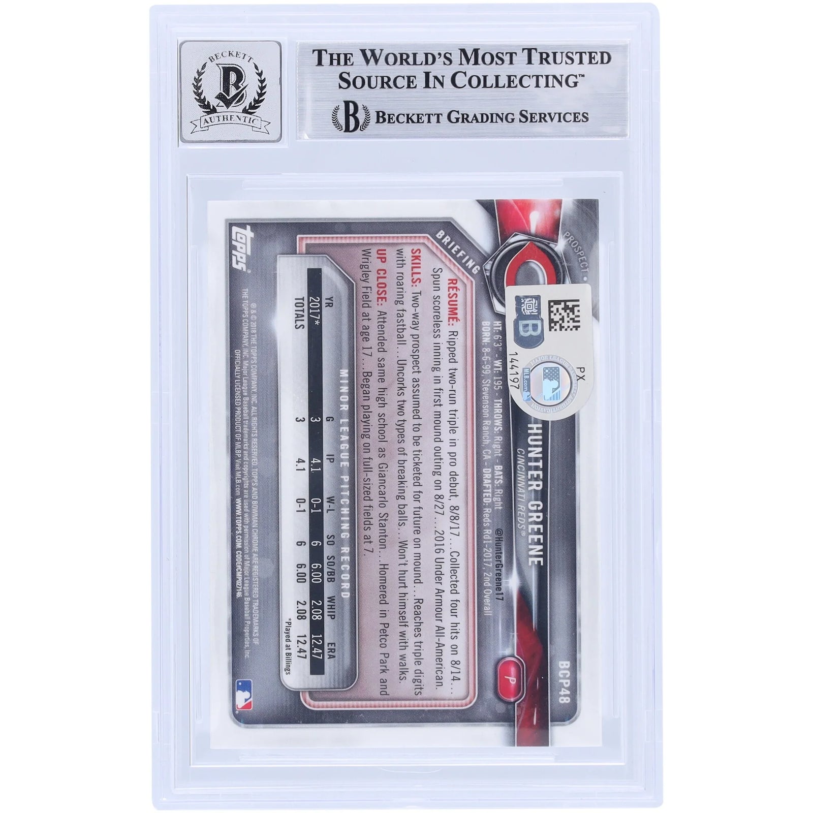 Hunter Greene Signed 2018 Bowman Chrome Prospects #BCP48 | Graded 9