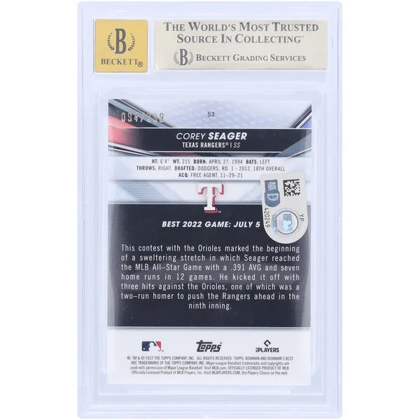 Corey Seager Signed 2022 Bowman Best Mini Diamond Refractor #53 | Graded 9.5