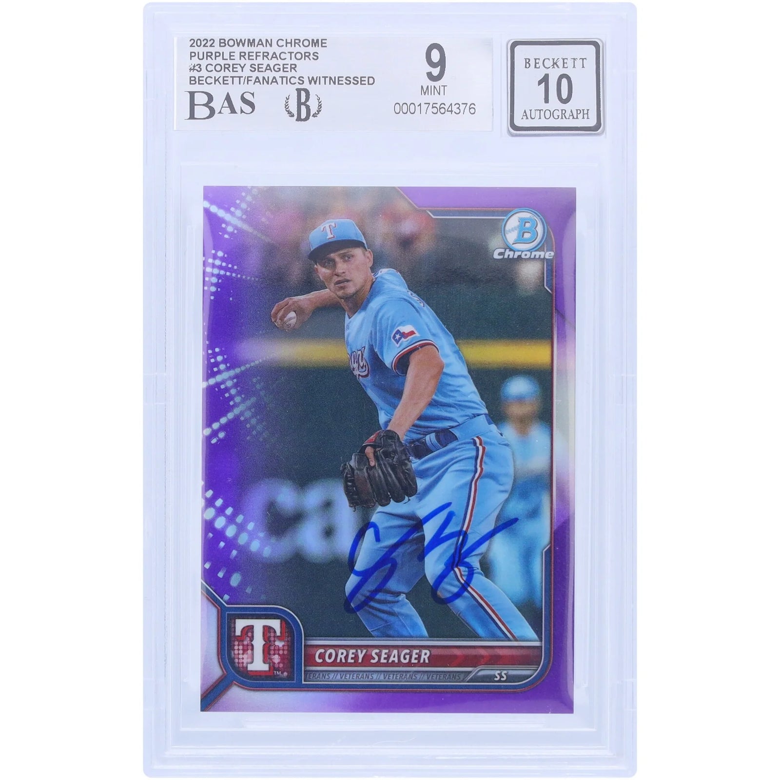 Corey Seager Signed 2022 Bowman Chrome Purple Refractor #3 | Beckett 9