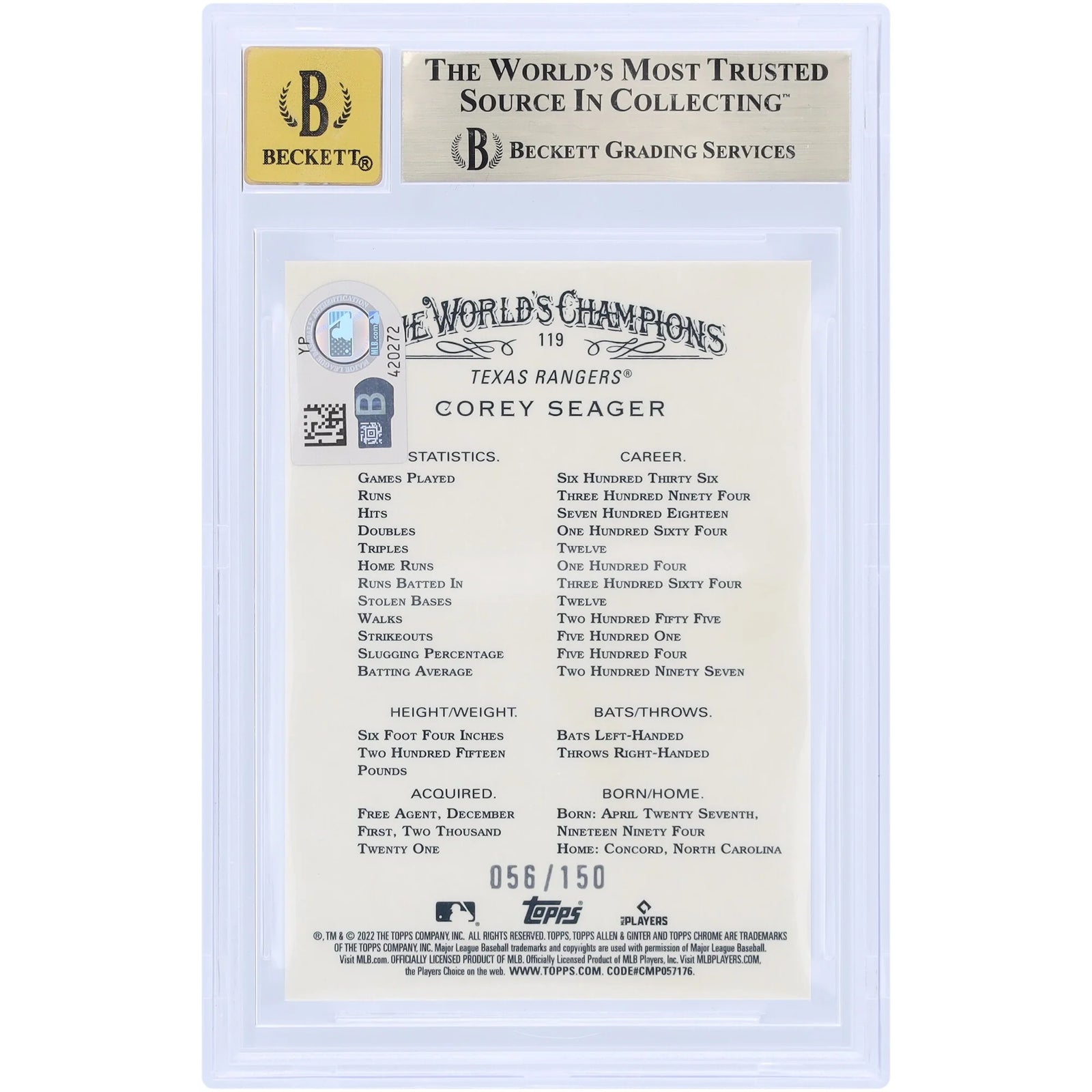 Corey Seager Signed 2022 Topps Allen & Ginter Chrome Blue Refractor #119 | Graded 9.5