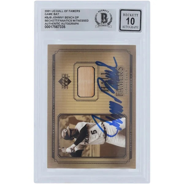 Johnny Bench Signed 2001 Upper Deck Hall of Famer Bat Relic Card | Graded 10