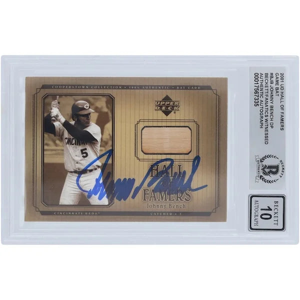 Johnny Bench Signed 2001 Upper Deck Hall of Famer Bat Relic Card | Graded 10