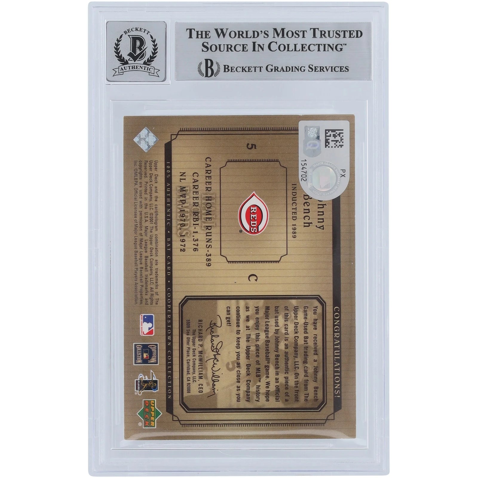 Johnny Bench Signed 2001 Upper Deck Hall of Famer Bat Relic Card | Graded 10