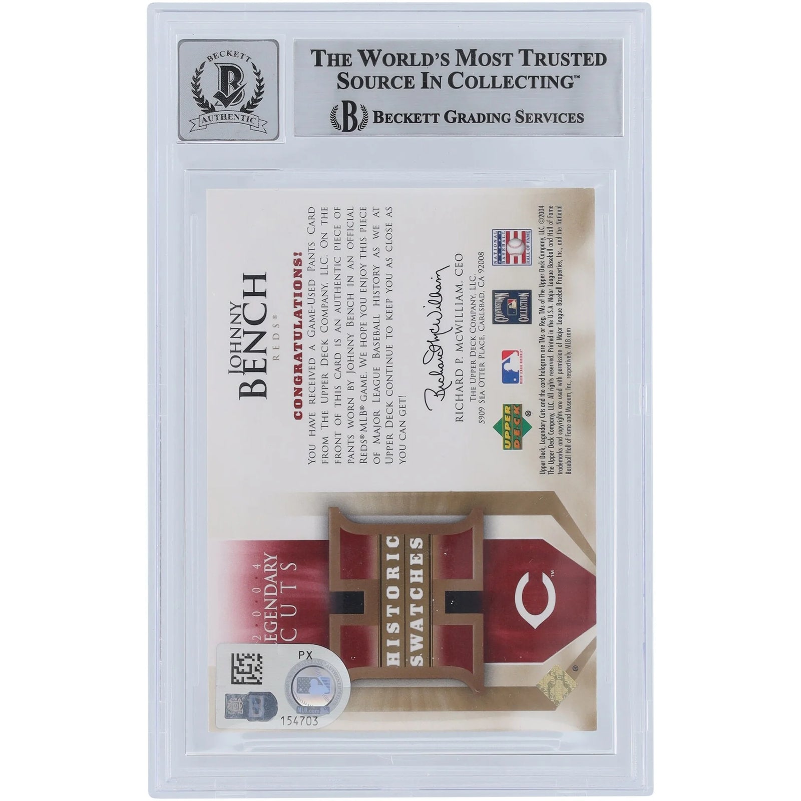 Johnny Bench Signed 2004 Upper Deck SP Legendary Cuts Card | Jersey Relic