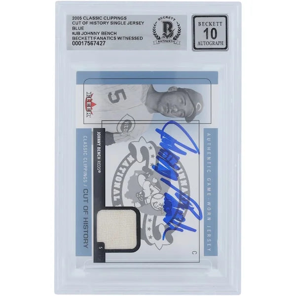Johnny Bench Signed 2005 Fleer Classic Clippings Card | Jersey Relic, Graded 10
