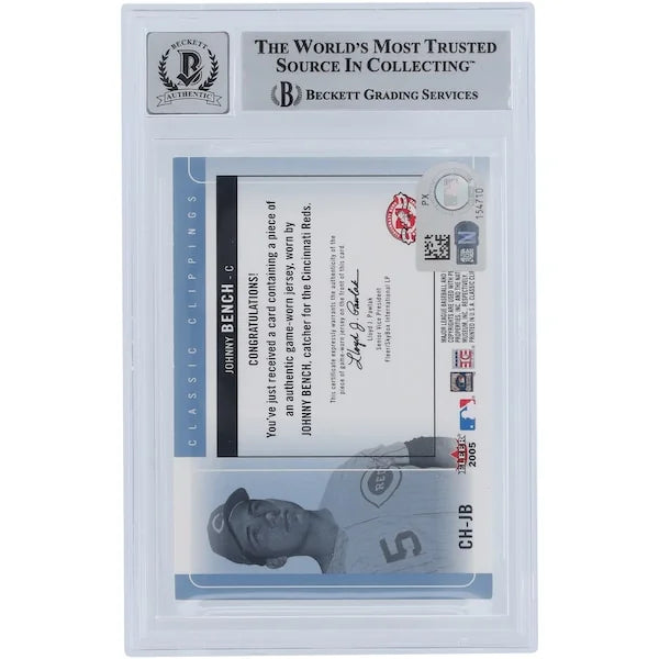 Johnny Bench Signed 2005 Fleer Classic Clippings Card | Jersey Relic, Graded 10