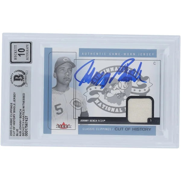 Johnny Bench Signed 2005 Fleer Classic Clippings Card | Jersey Relic, Graded 10