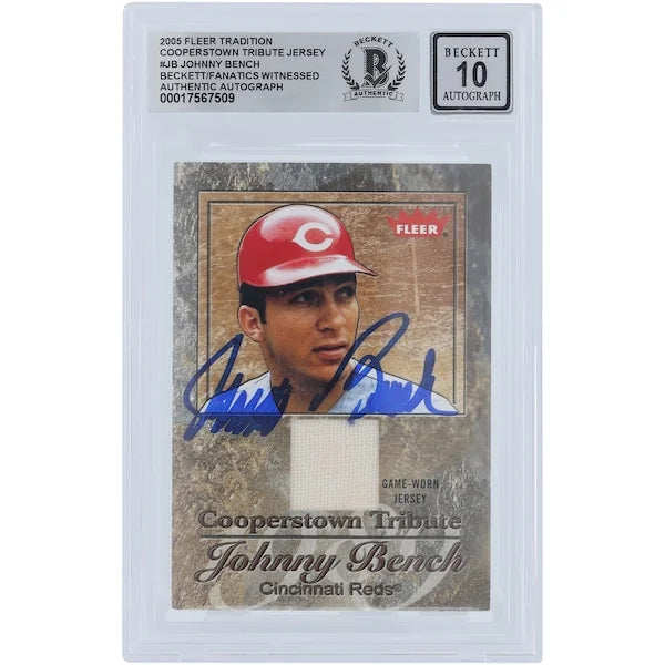 Johnny Bench Signed 2005 Fleer Tradition Cooperstown Tribute Jersey Relic Card | Graded 10
