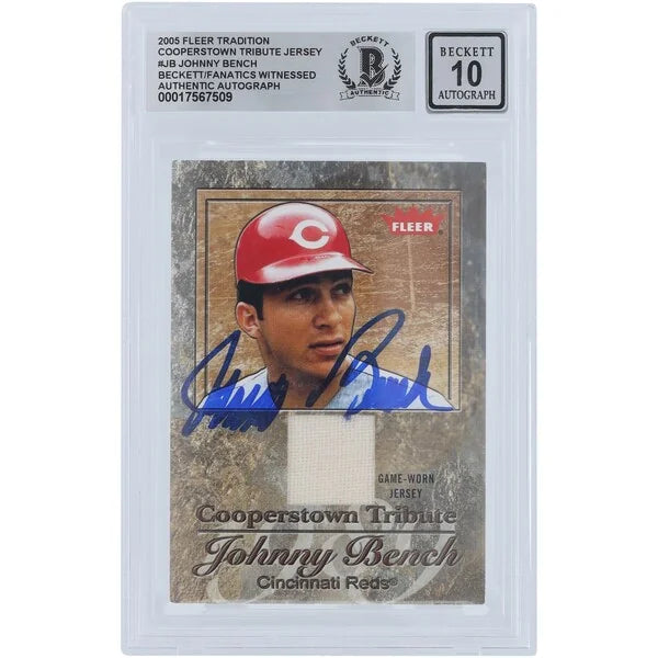 Johnny Bench Signed 2005 Fleer Tradition Cooperstown Tribute Jersey Relic Card | Graded 10