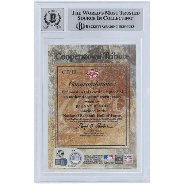 Johnny Bench Signed 2005 Fleer Tradition Cooperstown Tribute Jersey Relic Card | Graded 10