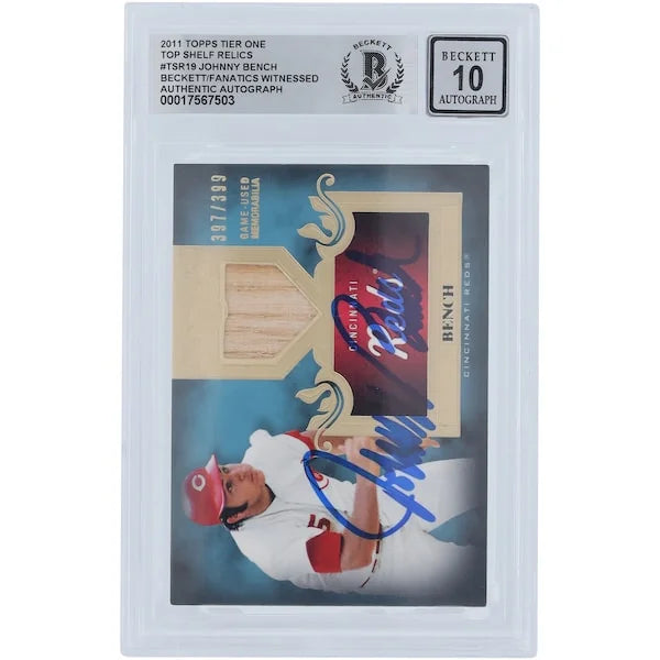 Johnny Bench Signed 2011 Topps Tier One Top Shelf Bat Relic Card | Graded 10